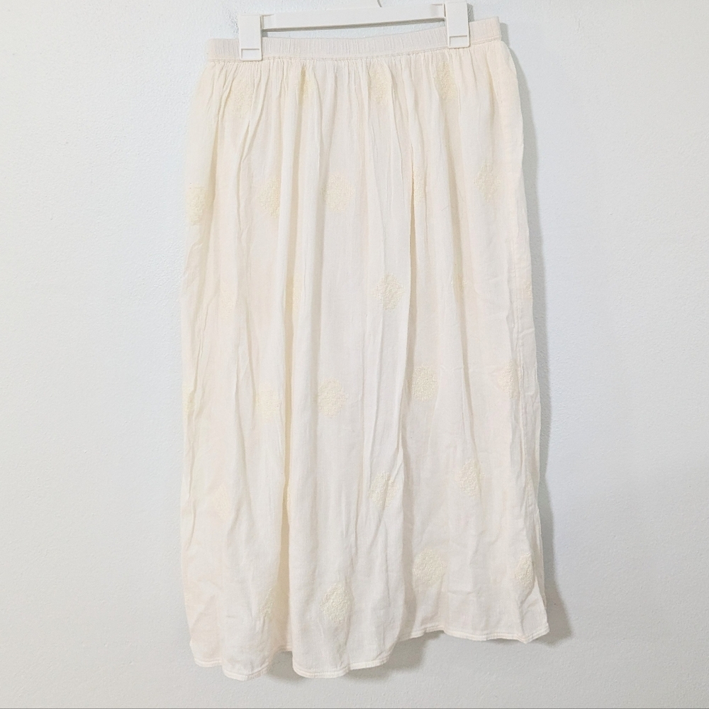 J. Jill Pull On Ikat Embroidered Midi Skirt Elastic Waist Lined Ivory Small S